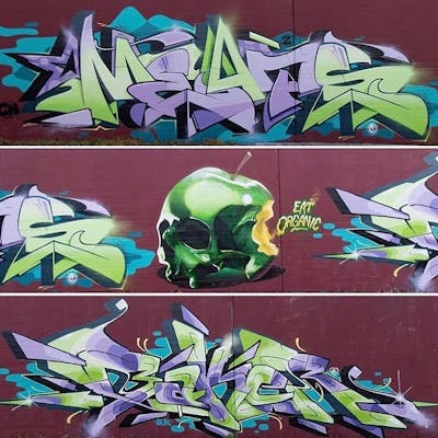 Light Green and Violet Stylewriting by Meats, Meats87, Baker and chromeo. This Graffiti is located in Kloten, Switzerland and was created in 2019. This Graffiti can be described as Stylewriting, Characters and Wall of Fame.