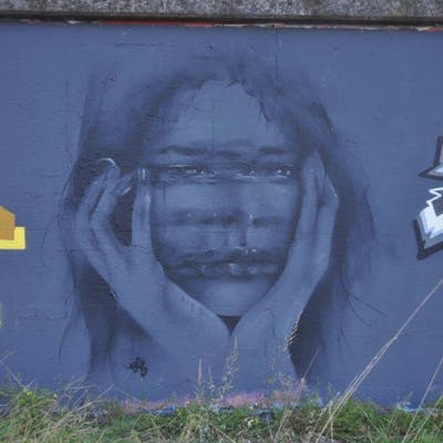 Blue Characters by Iota. This Graffiti is located in Belgium and was created in 2016. This Graffiti can be described as Characters and Futuristic.