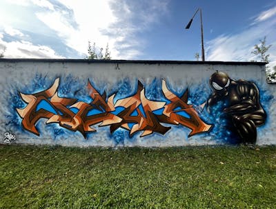 Brown and Light Blue and Beige Stylewriting by News and Zawer. This Graffiti is located in Swidnica, Poland and was created in 2023. This Graffiti can be described as Stylewriting and Characters.