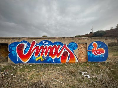 Red and Blue and White Stylewriting by Hmas. This Graffiti is located in Albania and was created in 2023. This Graffiti can be described as Stylewriting, Characters, Abandoned and Atmosphere.