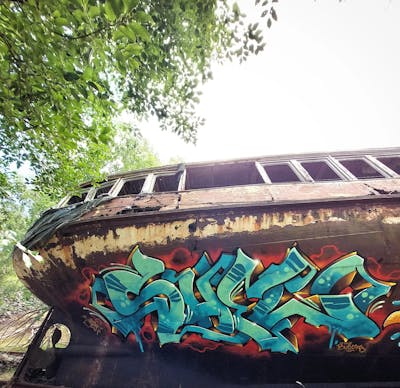 Cyan and Red Stylewriting by Shew and the Buddys. This Graffiti is located in Strausberg, Germany and was created in 2022. This Graffiti can be described as Stylewriting and Abandoned.