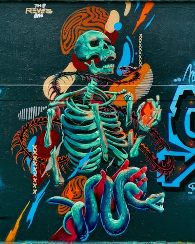 Cyan and Orange Characters by REVES ONE. This Graffiti is located in London, United Kingdom and was created in 2022.
