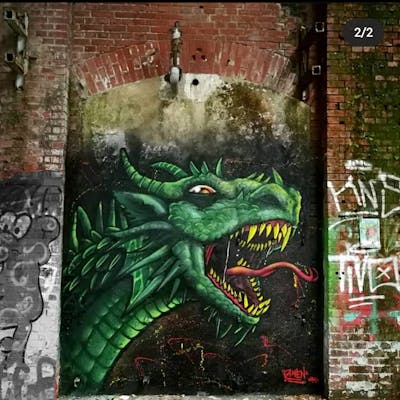 Green and Light Green Characters by angst. This Graffiti is located in Leipzig, Germany and was created in 2019. This Graffiti can be described as Characters and Abandoned.