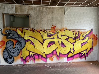 Yellow and Coralle and Orange Stylewriting by Safi. This Graffiti is located in Germany and was created in 2023. This Graffiti can be described as Stylewriting, Characters and Abandoned.
