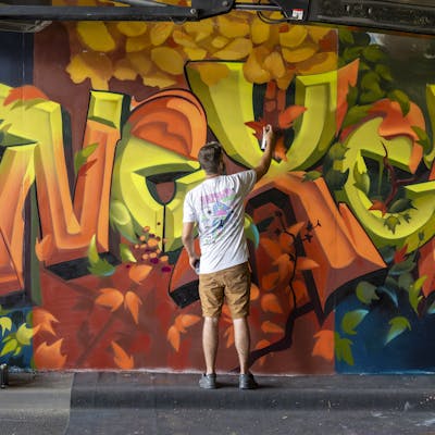 Orange and Yellow and Colorful Atmosphere by Nexer. This Graffiti is located in Cergy, France and was created in 2023. This Graffiti can be described as Atmosphere, Stylewriting and Characters.