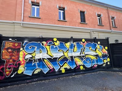 Colorful and Yellow and Blue Stylewriting by REKS. This Graffiti is located in Bologna, Italy and was created in 2023. This Graffiti can be described as Stylewriting and Characters.
