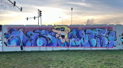 Violet and Colorful Stylewriting by MGB crew. This Graffiti is located in Eindhoven, Netherlands and was created in 2024. This Graffiti can be described as Stylewriting, Characters and Wall of Fame.