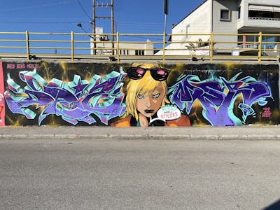 Colorful Characters by Merlin, bzks and Deis. This Graffiti is located in Katerini, Greece and was created in 2022. This Graffiti can be described as Characters, Stylewriting and Wall of Fame.