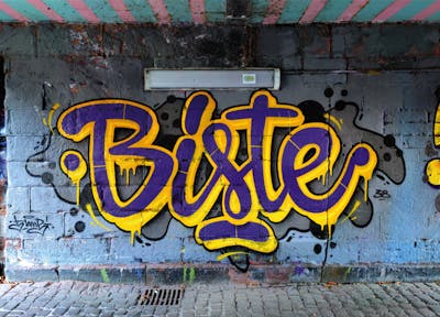 Yellow and Violet Stylewriting by HAMPI and BISTE. This Graffiti is located in BINGEN, Germany and was created in 2022.