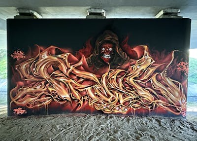 Orange and Red and Black Stylewriting by Fresk. This Graffiti is located in Poznan, Poland and was created in 2023. This Graffiti can be described as Stylewriting, Characters and Wall of Fame.