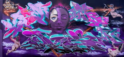 Violet and Cyan Stylewriting by KASER, dejoe, Tron26, Saf and Cors One. This Graffiti is located in Berlin, Germany and was created in 2022. This Graffiti can be described as Stylewriting, Characters and Wall of Fame.