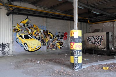 Yellow and Grey Stylewriting by Heny and Senpai. This Graffiti is located in Antwerp, Belgium and was created in 2022. This Graffiti can be described as Stylewriting, Characters and Abandoned.