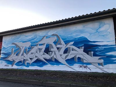White and Light Blue Stylewriting by Pork. This Graffiti is located in Salzwedel, Germany and was created in 2019. This Graffiti can be described as Stylewriting and Wall of Fame.