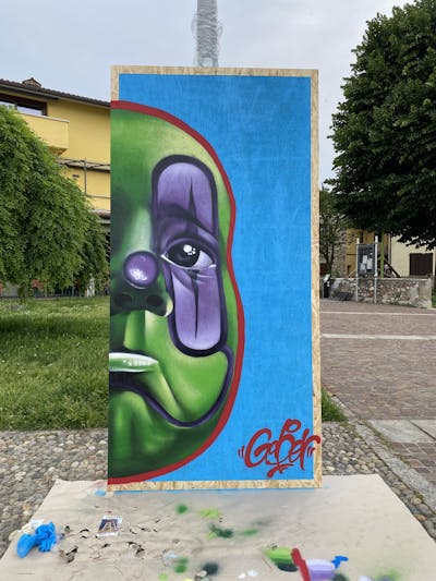 Light Blue and Light Green Characters by Gaber. This Graffiti is located in Brescia, Italy and was created in 2023. This Graffiti can be described as Characters, Streetart and Canvas.