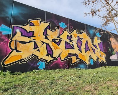 Beige and Colorful and Violet Stylewriting by Ruin. This Graffiti is located in Salzwedel, Hansestadt, Germany and was created in 2023.