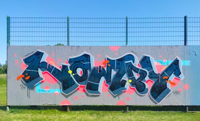 Blue and Grey and Coralle Stylewriting by HAMPI. This Graffiti is located in MÜNSTER, Germany and was created in 2023. This Graffiti can be described as Stylewriting and Wall of Fame.
