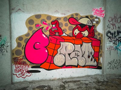 Red and Beige Stylewriting by Brat, PLZ and BDBU. This Graffiti is located in Rijeka, Croatia and was created in 2022. This Graffiti can be described as Stylewriting, Characters, Abandoned and Streetart.