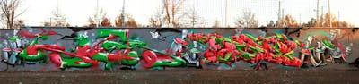 Light Green and Red and Colorful Stylewriting by Köter and Posa. This Graffiti is located in Delitzsch, Germany and was created in 2018. This Graffiti can be described as Stylewriting and Characters.