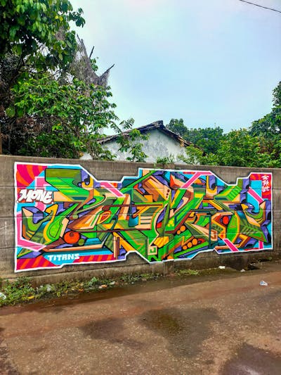 Colorful Stylewriting by Mone, TAC, TFK and SLMC. This Graffiti is located in Bekasi, Indonesia and was created in 2022. This Graffiti can be described as Stylewriting and Street Bombing.