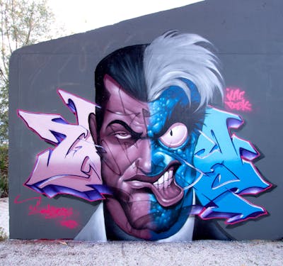 Coralle and Light Blue and Violet Stylewriting by Whyre87, Posk crew and KAC crew. This Graffiti is located in Geneva, Switzerland and was created in 2022. This Graffiti can be described as Stylewriting, Characters and Wall of Fame.
