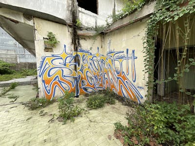 Yellow and Orange and Blue Stylewriting by M3C and Sakey. This Graffiti is located in Jambi City, Indonesia and was created in 2022. This Graffiti can be described as Stylewriting and Abandoned.