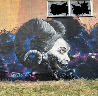Grey and Black and Blue Characters by shmri and TMF. This Graffiti is located in Leipzig, Germany and was created in 2023. This Graffiti can be described as Characters and Abandoned.