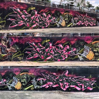 Coralle and Colorful Stylewriting by FOKUS.81, Asmoe, Siek, KATUN and ANDAHRAS. This Graffiti is located in Kuala Lumpur, Malaysia and was created in 2019. This Graffiti can be described as Stylewriting, Characters and Special.