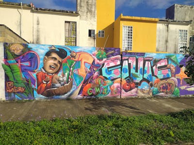 Colorful Stylewriting by Ron.e, Civic and o12 crew. This Graffiti is located in Playa del Carmen, Mexico and was created in 2021. This Graffiti can be described as Stylewriting, Characters, Wall of Fame and Streetart.