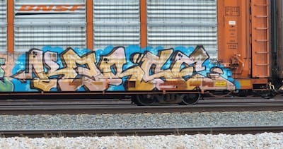Beige and Light Blue Stylewriting by Kerse. This Graffiti is located in United States and was created in 2024. This Graffiti can be described as Stylewriting, Trains and Freights.