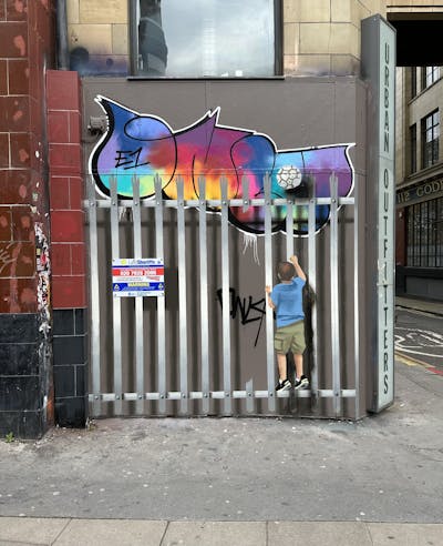 Colorful and Grey Streetart by Only E1. This Graffiti is located in London, United Kingdom and was created in 2023. This Graffiti can be described as Streetart, Throw Up and Characters.