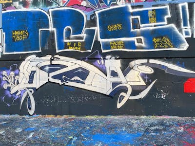 Chrome and Black and Blue Wall of Fame by Akai82 and SM crew. This Graffiti is located in Prague, Czech Republic and was created in 2023. This Graffiti can be described as Wall of Fame and Stylewriting.
