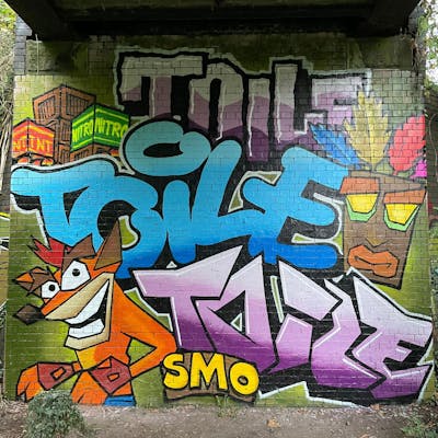 Colorful Stylewriting by Toile and smo__crew. This Graffiti is located in London, United Kingdom and was created in 2022. This Graffiti can be described as Stylewriting, Characters and Abandoned.