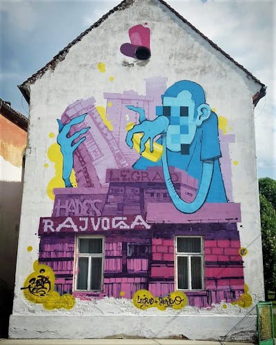 Violet and Cyan and Yellow Characters by Hades. This Graffiti is located in Sarajevo, Bosnia and Herzegovina and was created in 2018. This Graffiti can be described as Characters, Streetart and Murals.