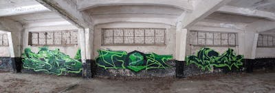 Light Green and Green Stylewriting by urine, mobar, Köter and OST. This Graffiti is located in Leipzig, Germany and was created in 2018. This Graffiti can be described as Stylewriting and Abandoned.