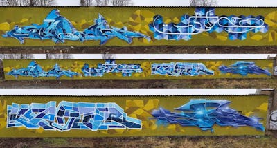 Light Blue and Colorful Stylewriting by mobar, Köter, urine and kafor. This Graffiti is located in Delitzsch, Germany and was created in 2019. This Graffiti can be described as Stylewriting.