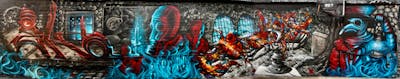 Light Blue and Red Characters by Irie, Oekounlogisch, Joker and Codex. This Graffiti is located in Hamburg, Germany and was created in 2022. This Graffiti can be described as Characters, Murals and Stylewriting.