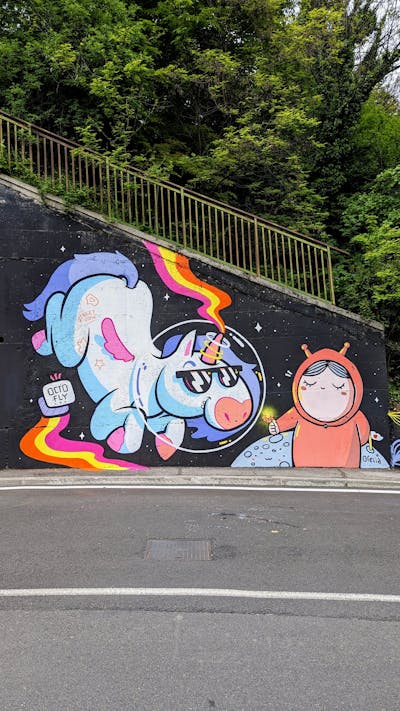 Colorful Characters by Octofly Art and Ofelia. This Graffiti is located in Lumezzane, Italy and was created in 2023. This Graffiti can be described as Characters and Streetart.