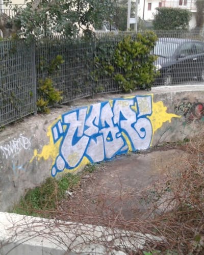 White and Light Blue Stylewriting by CEAR.ONE. This Graffiti is located in Bari, Italy and was created in 2023. This Graffiti can be described as Stylewriting and Street Bombing.