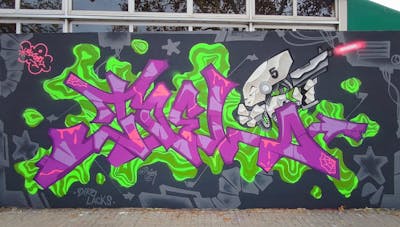 Violet and Light Green Stylewriting by El Joel. This Graffiti is located in Barcelona, Spain and was created in 2021. This Graffiti can be described as Stylewriting and Characters.