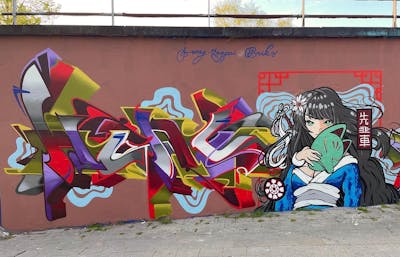 Colorful Stylewriting by Heny and Senpai. This Graffiti is located in Hasselt, Belgium and was created in 2022. This Graffiti can be described as Stylewriting, Characters and Wall of Fame.