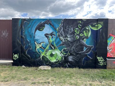 Grey and Light Green and Light Blue Characters by sweap. This Graffiti is located in Kysucké nové město, Slovakia and was created in 2023.