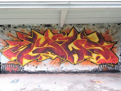 Orange and Yellow Stylewriting by News. This Graffiti is located in Tilburg, Netherlands and was created in 2014. This Graffiti can be described as Stylewriting and Abandoned.