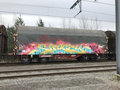 Yellow and Colorful Stylewriting by Spocey, TML, cab, WH and IFC. This Graffiti is located in Belgium and was created in 2020. This Graffiti can be described as Stylewriting and Trains.