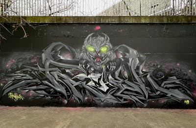 Grey and Black Stylewriting by Fresk. This Graffiti is located in Poznan, Poland and was created in 2024. This Graffiti can be described as Stylewriting, Characters, Streetart and Wall of Fame.