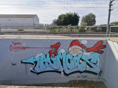 Light Blue and Red Stylewriting by Nase. This Graffiti is located in Spain and was created in 2021. This Graffiti can be described as Stylewriting, Characters and Line Bombing.