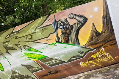 Beige and Brown Stylewriting by Riots and Kasimir. This Graffiti is located in Dresden, Germany and was created in 2022. This Graffiti can be described as Stylewriting, Characters and Wall of Fame.