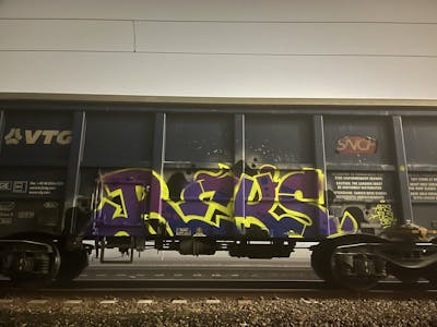 Yellow and Violet Stylewriting by REKS. This Graffiti is located in Italy and was created in 2024. This Graffiti can be described as Stylewriting, Trains, Freights and Atmosphere.