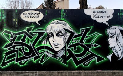 Black and Light Green Stylewriting by Slog175, KD and DOS. This Graffiti is located in Venice, Italy and was created in 2022. This Graffiti can be described as Stylewriting and Characters.
