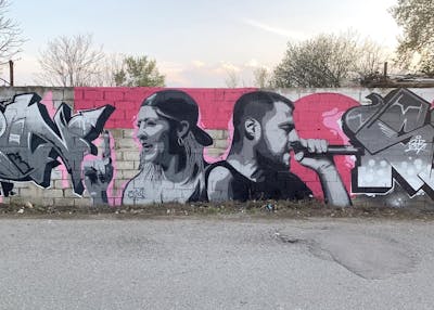 Grey and Coralle Characters by bzks. This Graffiti is located in Katerini, Greece and was created in 2023. This Graffiti can be described as Characters and Streetart.