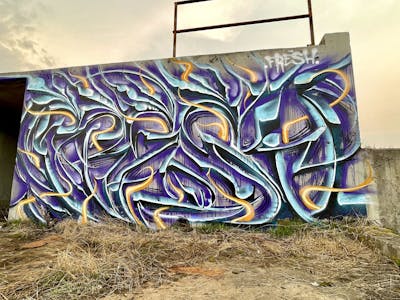Light Blue and Violet and Orange Stylewriting by Fresco, BLUBLA and TMC. This Graffiti is located in Canada and was created in 2023.